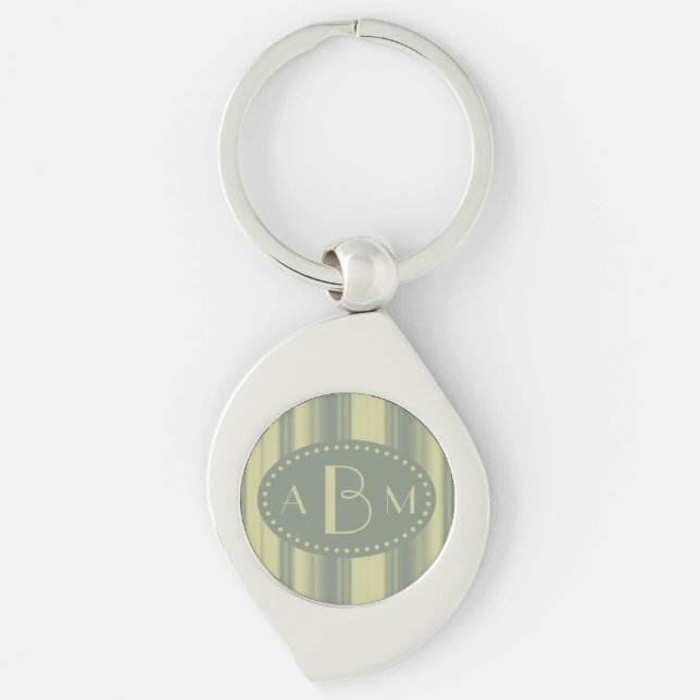 Monogram Celery and Sage Green Stripe Key Ring (Front)