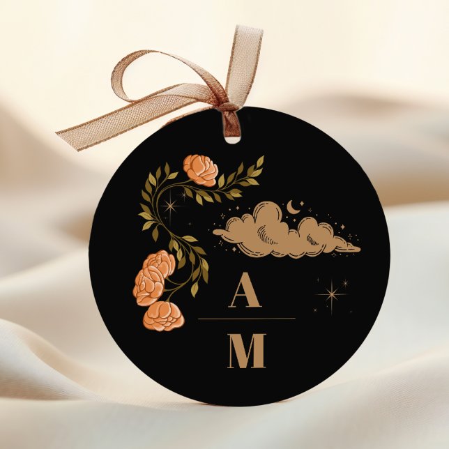 Monogram Celestial Midnight Black Stars Wedding Classic Round Sticker (Creator Uploaded)