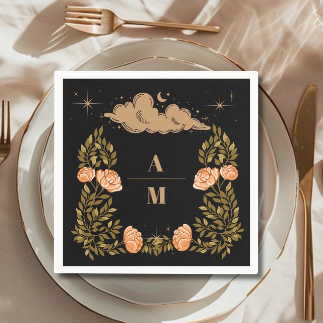 Monogram Celestial Midnight Black Stars Wedding Napkin (Creator Uploaded)