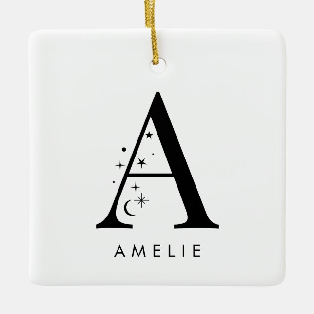 Monogram Celestial Name Square Ceramic Ornament (Front)
