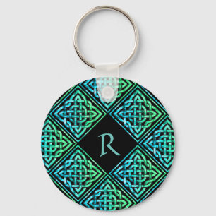 Monogram Celtic Knot Blue Green Round Keychain