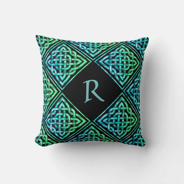 Monogram Celtic Knot: Diamond Blue Green Pillow (Front)