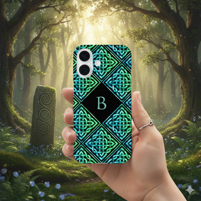 Monogram Celtic Knot Green Teal iPhone 16 Case (Mystical Celtic design meets modern tech. Your initial, your style. )