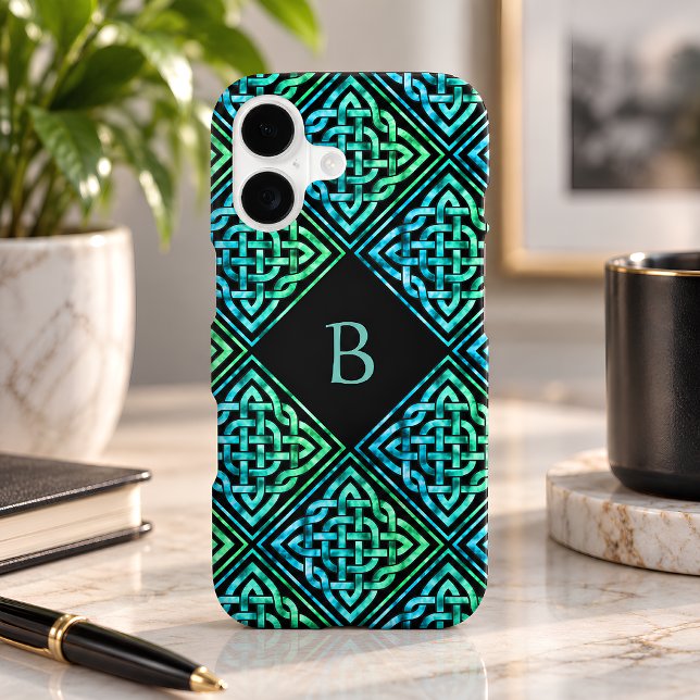 Monogram Celtic Knot Green Teal iPhone 17 Case (Monogram Personal Celtic iPhone Case)