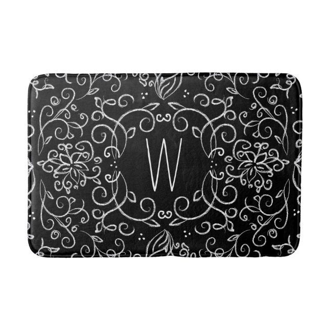 Monogram Chalk Black and White Filigree Bath Mat (Front)