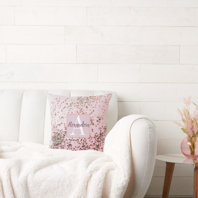 Monogram Champagne Pink Confetti  Cushion (Couch)