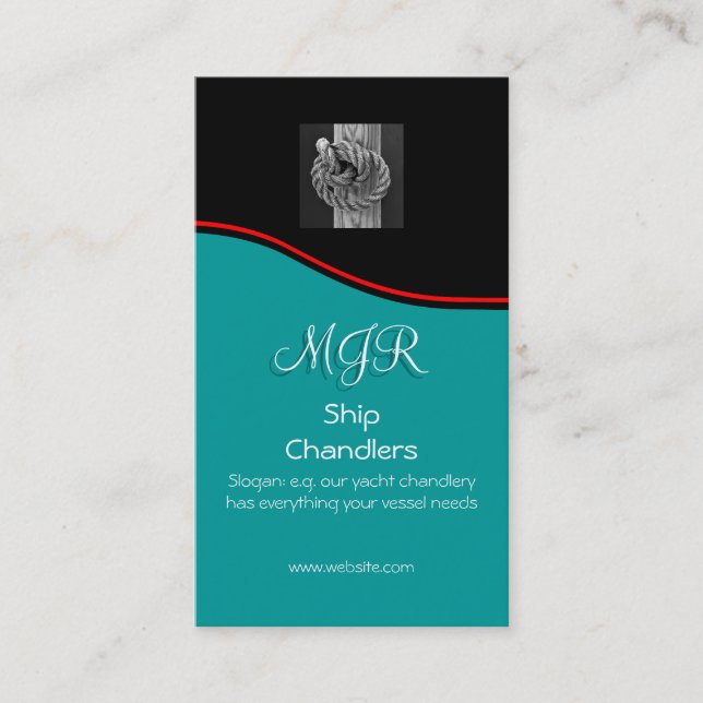 Monogram, Chandlers Rope Knot on Wood, red swoosh Business Card (Front)