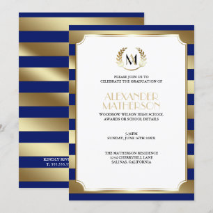 Monogram CHANGE COLOR & Gold Stripes Graduation Invitation