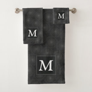 Monogram charcoal circles pattern bath towel set