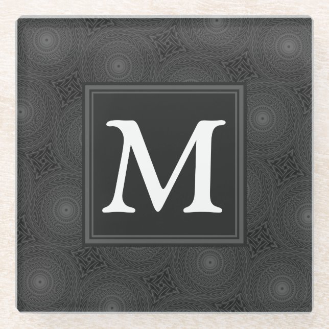 Monogram charcoal circles pattern glass coaster (Front)