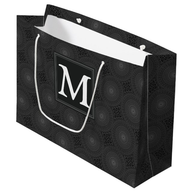 Monogram charcoal circles pattern large gift bag (Front Angled)