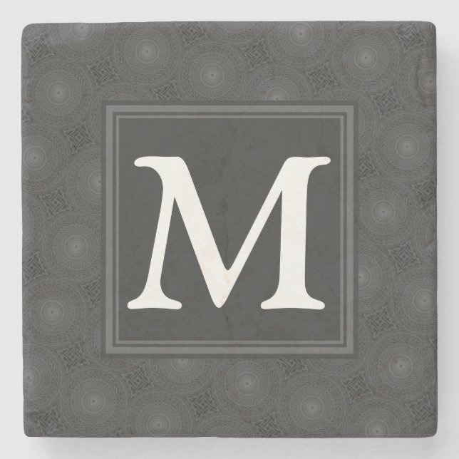 Monogram charcoal circles pattern stone coaster (Front)