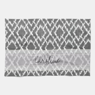 Monogram Charcoal Grey Tribal Ikat Diamond Pattern Tea Towel