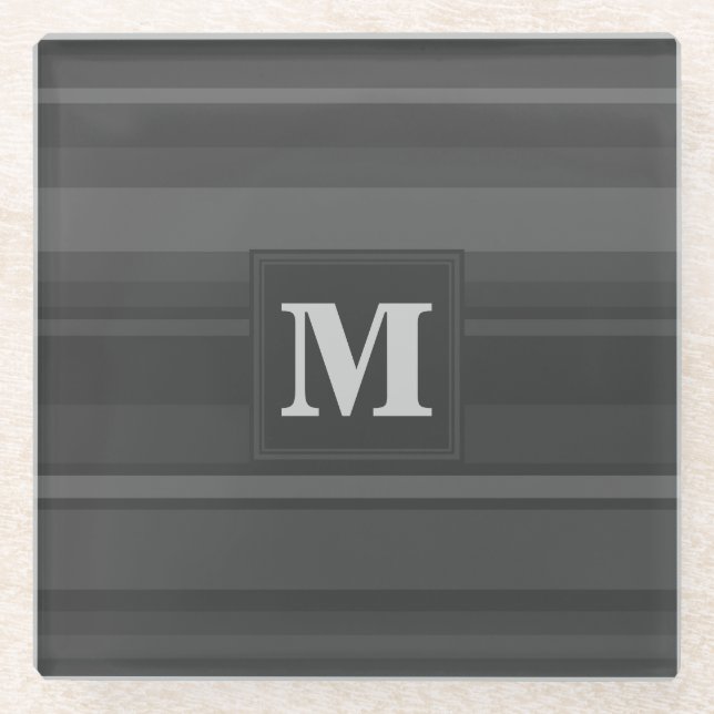 Monogram charcoal stripes glass coaster (Front)