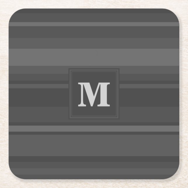 Monogram charcoal stripes square paper coaster (Front)