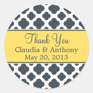 Monogram Charcoal with Yellow Quatrefoil Pattern Classic Round Sticker