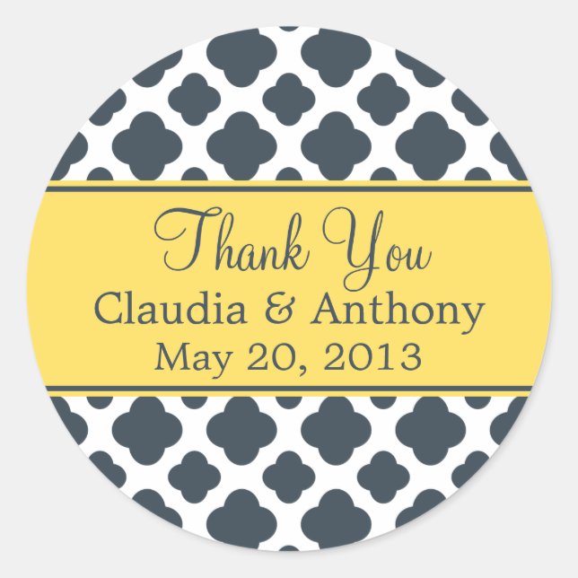 Monogram Charcoal with Yellow Quatrefoil Pattern Classic Round Sticker (Front)