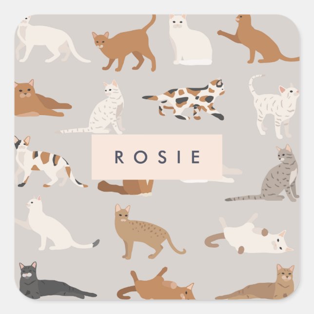 Monogram Charming Cat Pattern Cat Lovers Square Sticker (Front)