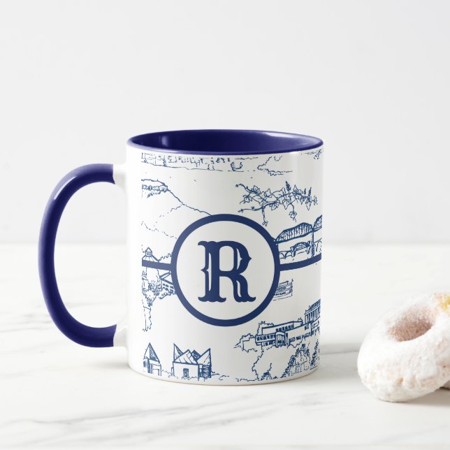 Monogram Chattanooga Toile Blue Mug (With Donut)