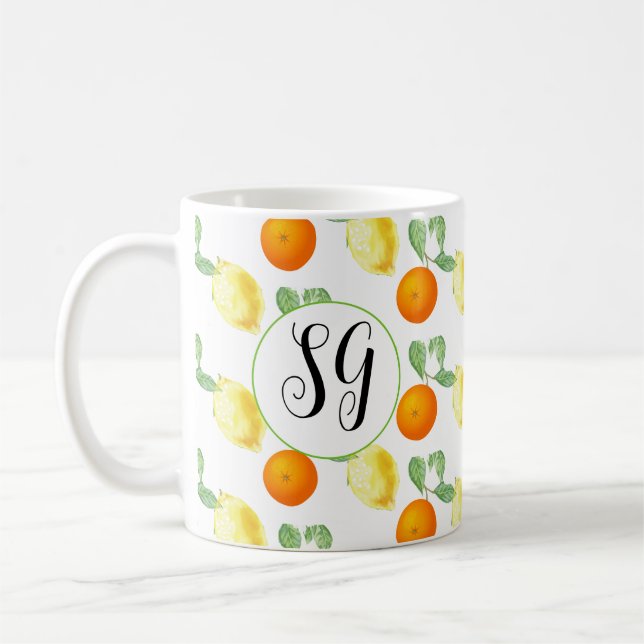 Monogram Cheerful Citrus lemon orange Coffee Mug (Left)
