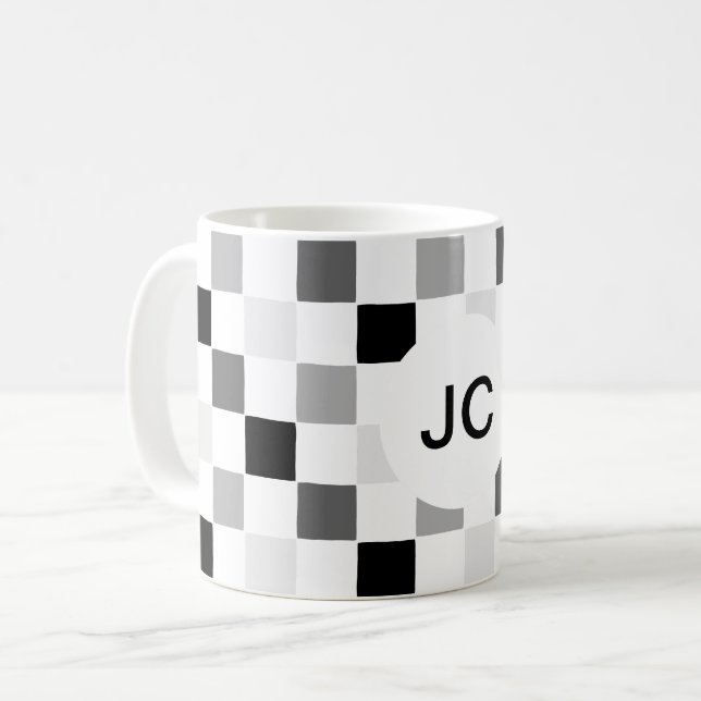 Monogram Chequered Black and White Modern Simple Coffee Mug (Front Left)