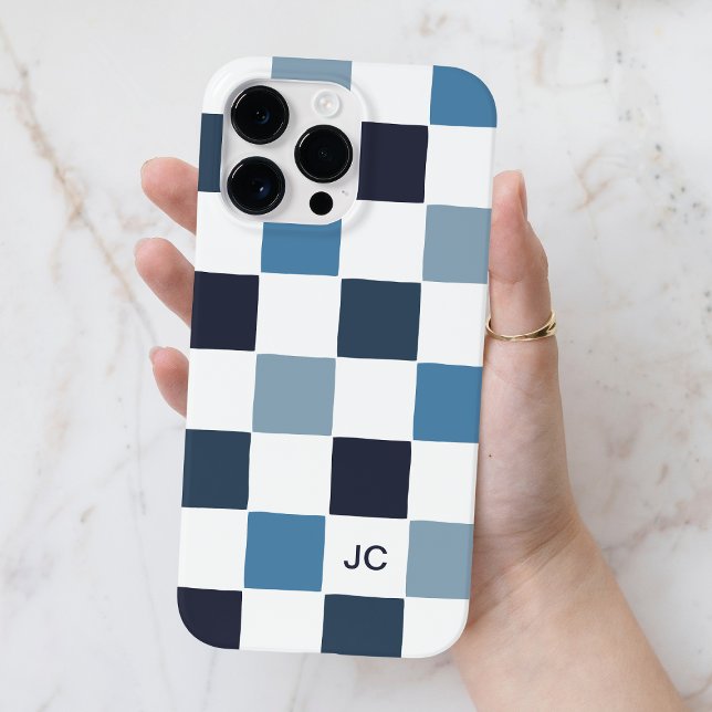 Monogram Chequered Blue Modern Minimalist Pattern Case-Mate iPhone Case (Monogram Checkered Blue Modern Minimalist Pattern Case-Mate iPhone Case)