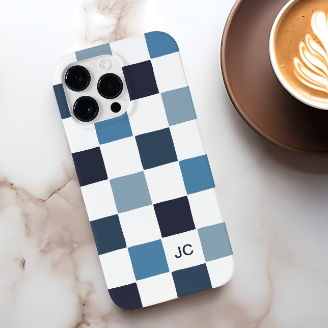 Monogram Chequered Blue Modern Minimalist Pattern Case-Mate iPhone Case (Monogram Checkered Blue Modern Minimalist Pattern Case-Mate iPhone Case)