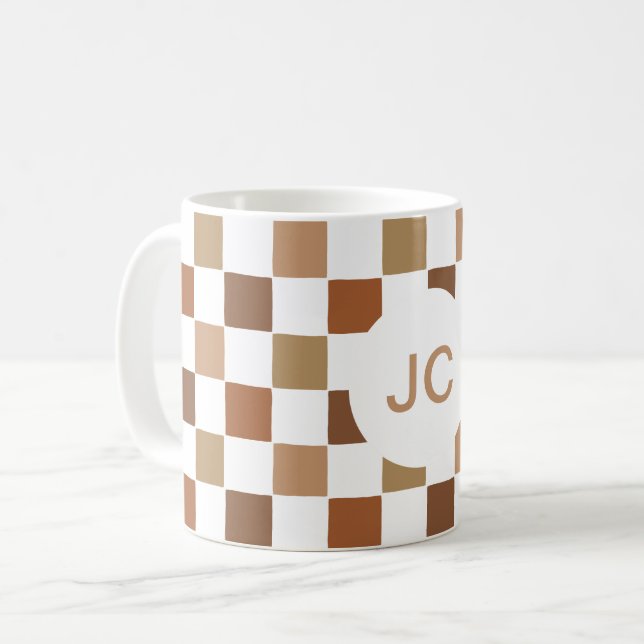 Monogram Chequered Brown Modern Simple Coffee Mug (Front Left)