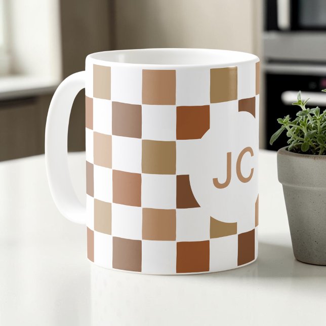 Monogram Chequered Brown Modern Simple Coffee Mug (Monogram Checkered Brown Modern Simple Coffee Mug)