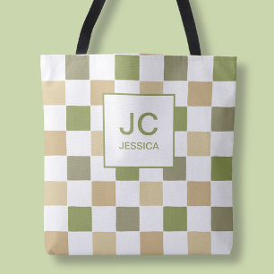 Monogram Chequered Green Modern Simple Initals Tote Bag