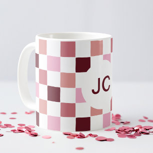 Monogram Chequered Pink Burgundy Modern Simple Coffee Mug