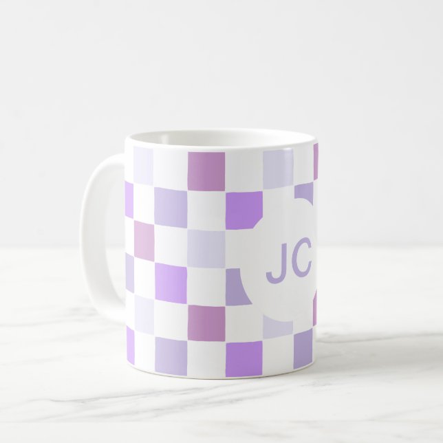 Monogram Chequered Purple Lavender Modern Simple Coffee Mug (Front Left)