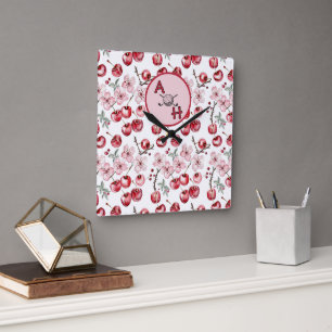 Monogram Cherry Blossom Golf-Themed Personalised Square Wall Clock