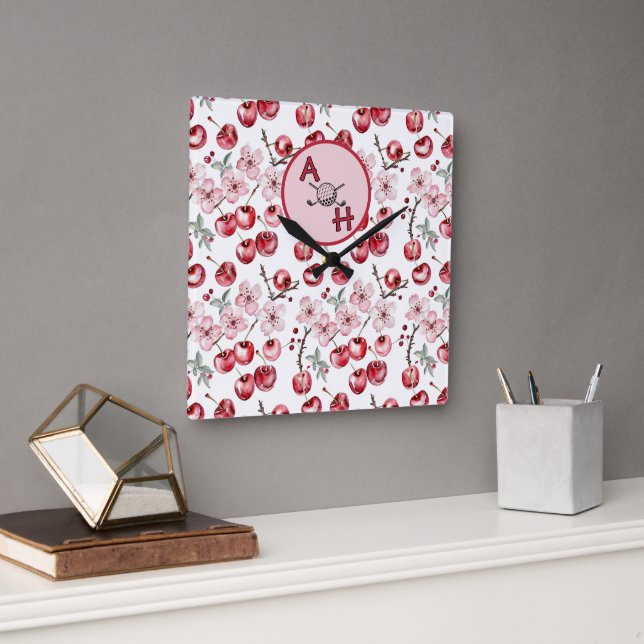 Monogram Cherry Blossom Golf-Themed Personalised Square Wall Clock (Office)