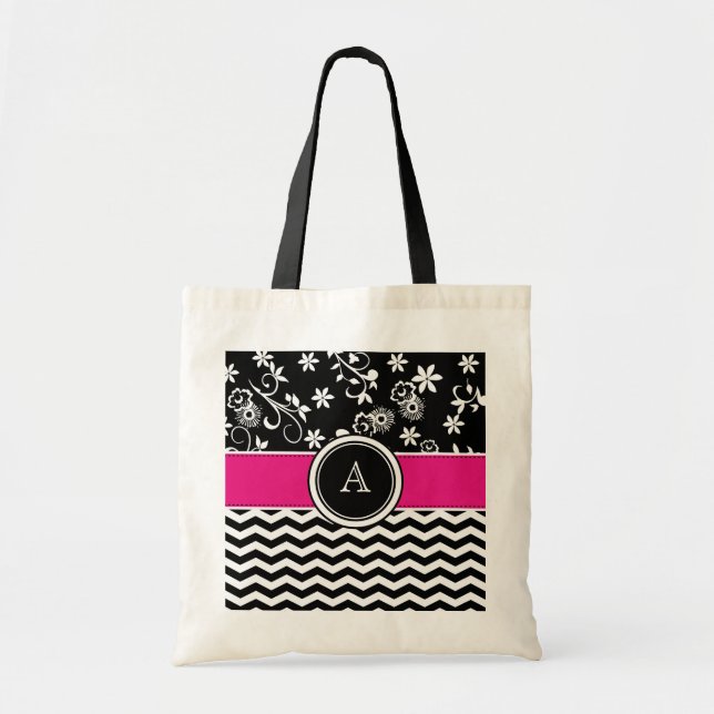 Monogram Chevron and Floral Pattern Tote Bag (Front)