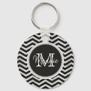 Monogram, Chevron, Pattern, Black, Silver Key Ring