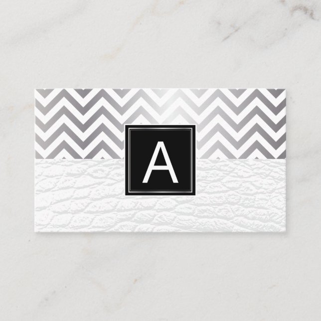 Monogram | Chevron | White Leather Business Card (Front)