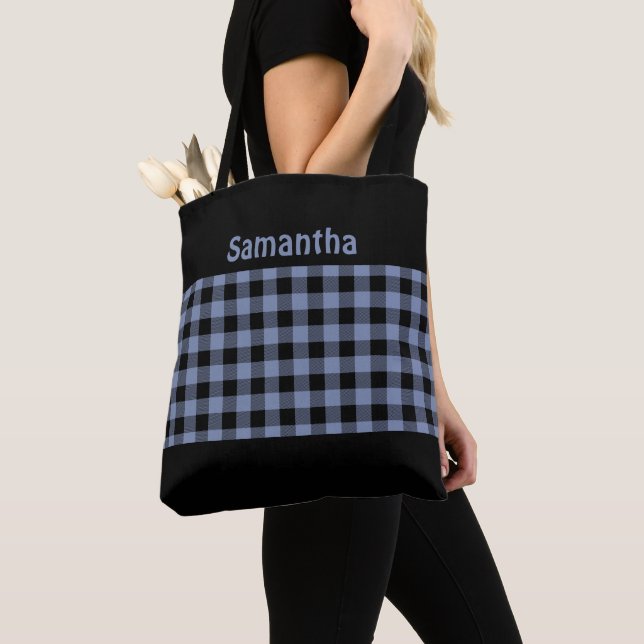 Monogram Chic Black and Blue Buffalo Plaid Trendy Tote Bag (Close Up)