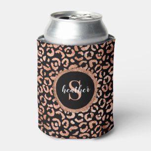 Monogram Chic Black Leopard Animal Print  Can Cooler