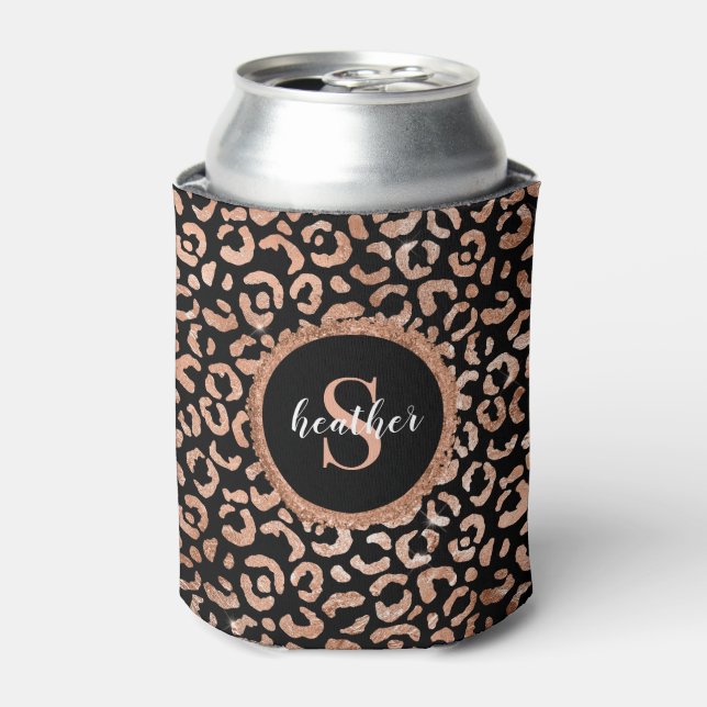 Monogram Chic Black Leopard Animal Print  Can Cooler (Can Front)