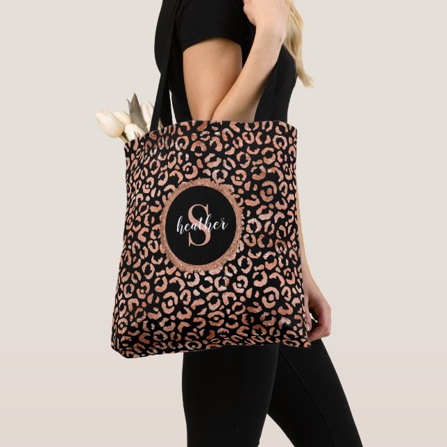 Monogram Chic Black Leopard Animal Print Tote Bag (Close Up)