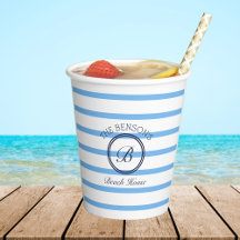 Monogram Chic Blue Stripes Family Beach House