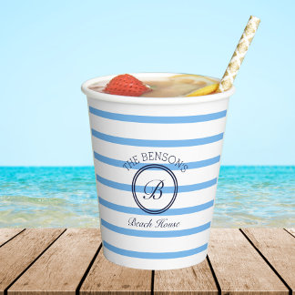 Monogram Chic Blue Stripes Family Beach House Paper Cups
