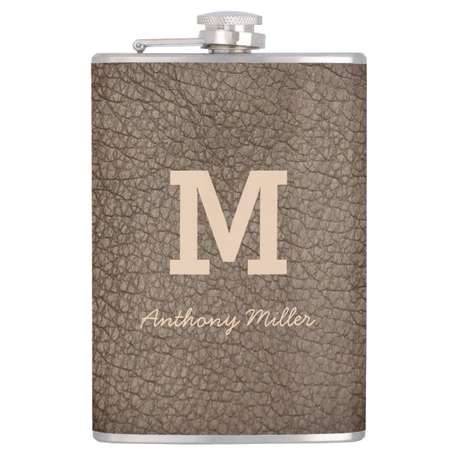 Monogram Chic Brown Leather Name Script Modern Hip Flask (Front)