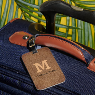 Monogram Chic Brown Leather Name Script Modern Luggage Tag