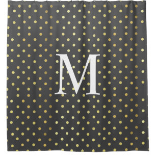 Monogram Chic Faux Foil Leaf Gold Dots Grey  Shower Curtain