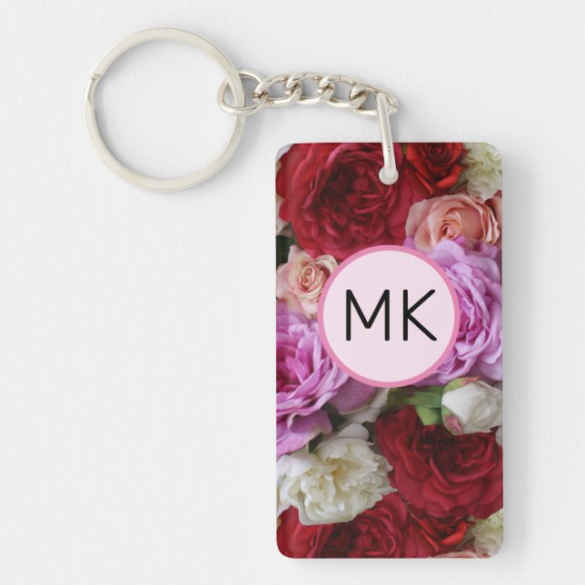 Monogram Chic Floral Pink and Red Flowers Key Ring (Front)
