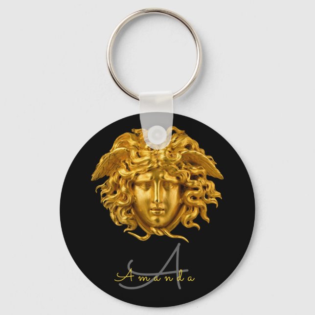 Monogram Chic French Gold Medusa Mask Keychain (Front)