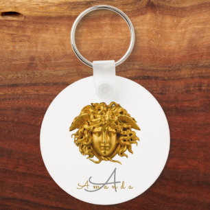 Monogram Chic French Gold Medusa Mask White Key Ring
