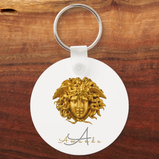 Monogram Chic French Gold Medusa Mask White Key Ring (Front)